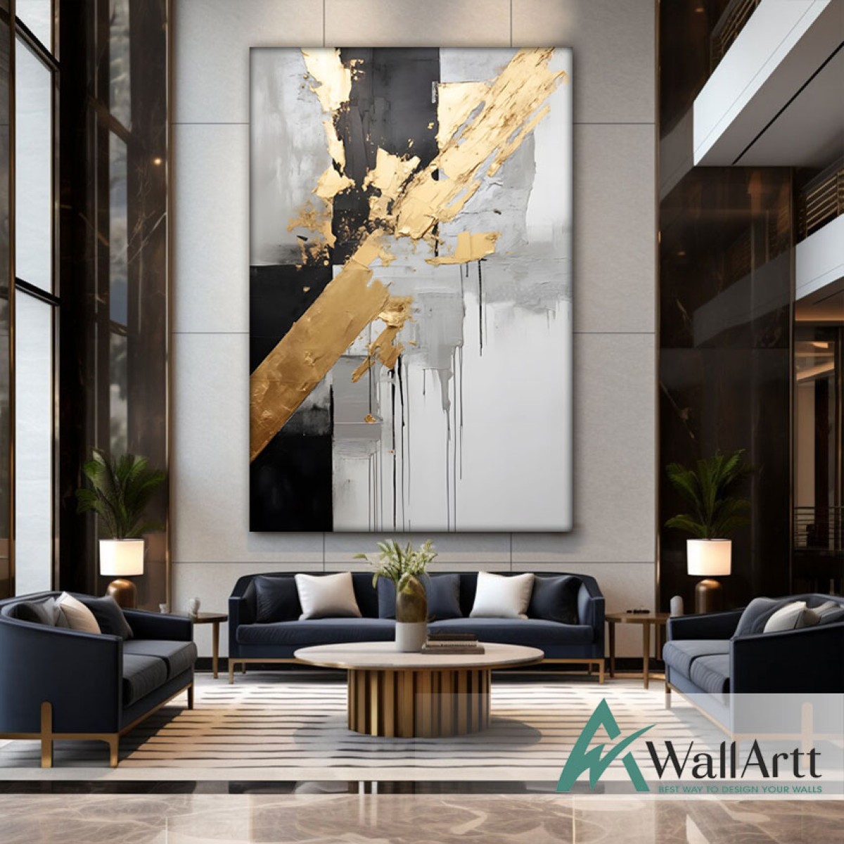 Abstract Black with Gold Foil II 3d Heavy Textured Partial Oil Painting - Wall Art